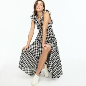 j. crew - button-up ruffle dress in gingham midi maxi ruffled sleeves plaid